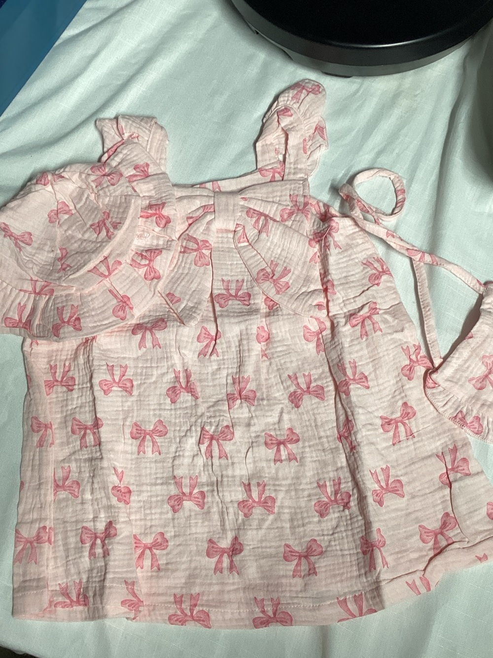 Source Unknown Pink Bow Print Ruffle Strap Top
